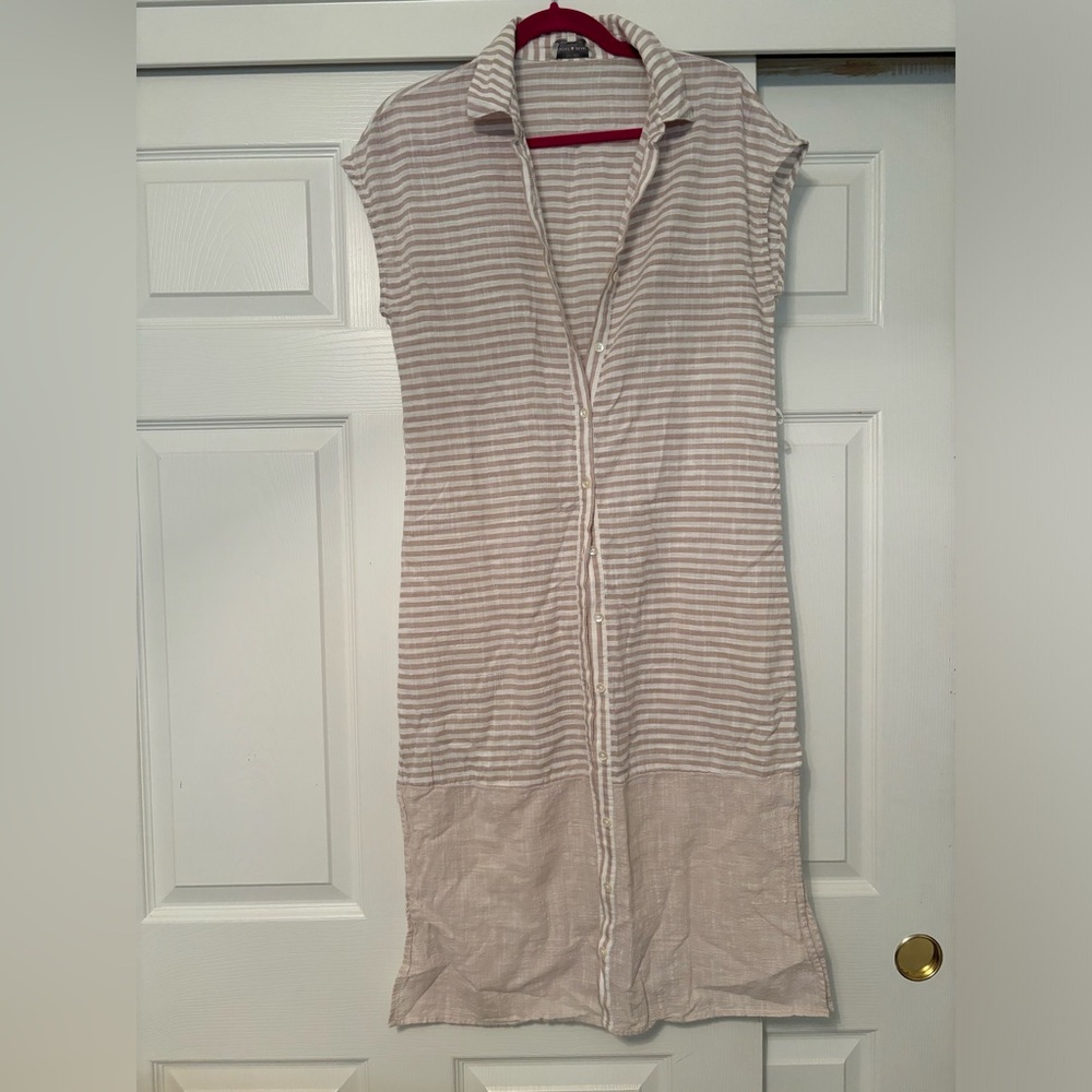 Lucky Brand Tan and Whie Striped Linen Dress Size Small